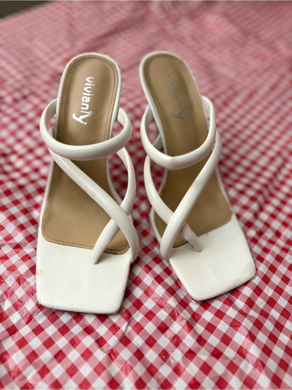 White Crisscross Square-Toe 4 in Heeled Sandals
